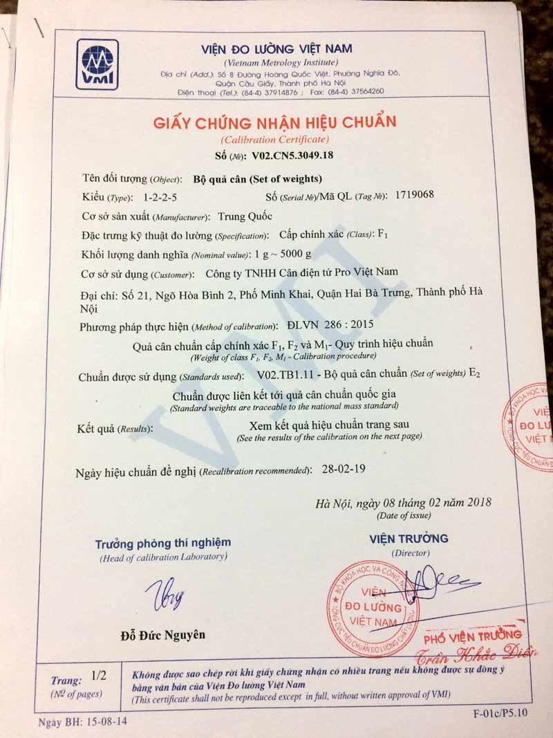Giấy chứng nhận hiệu chuẩn Giấy chứng nhận hiệu chuẩn quả cân F1