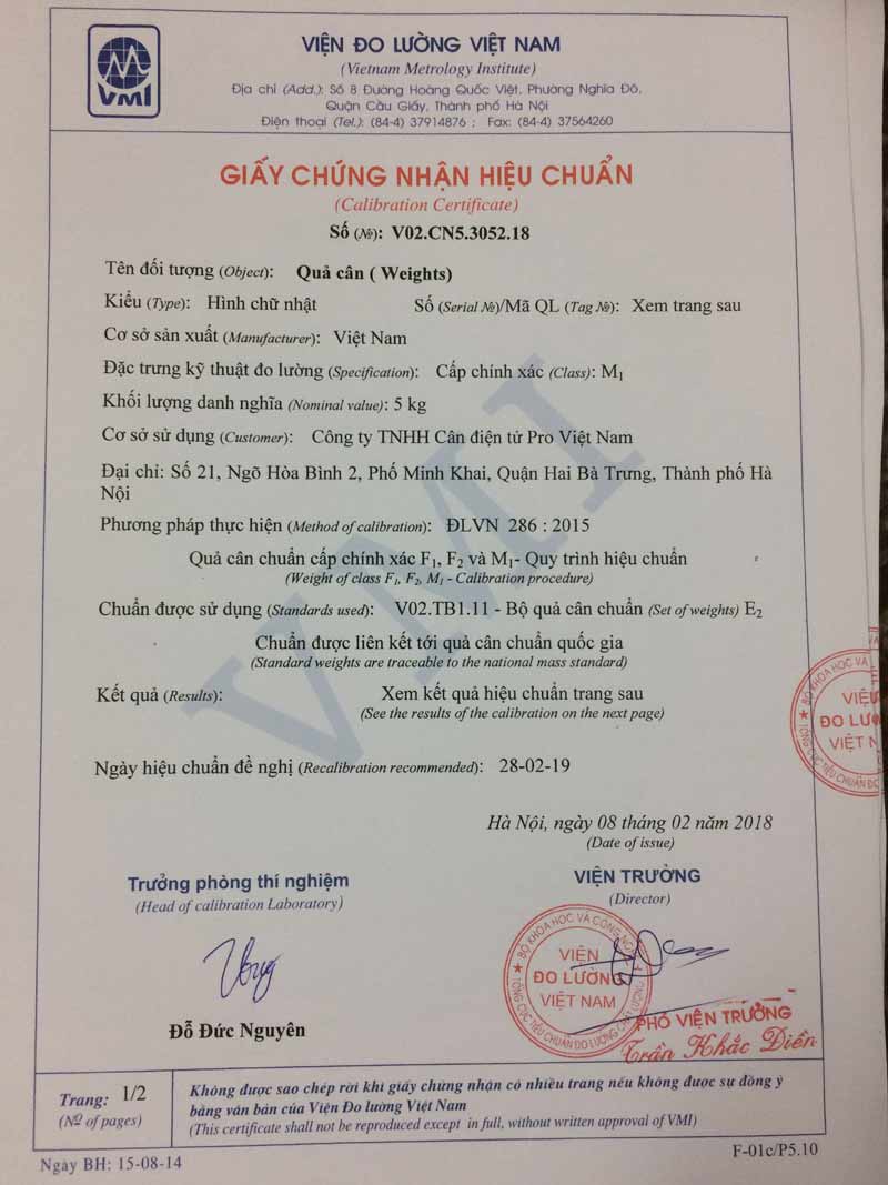 Giấy chứng nhận hiệu chuẩn Giấy chứng nhận hiệu chuẩn quả cân M1