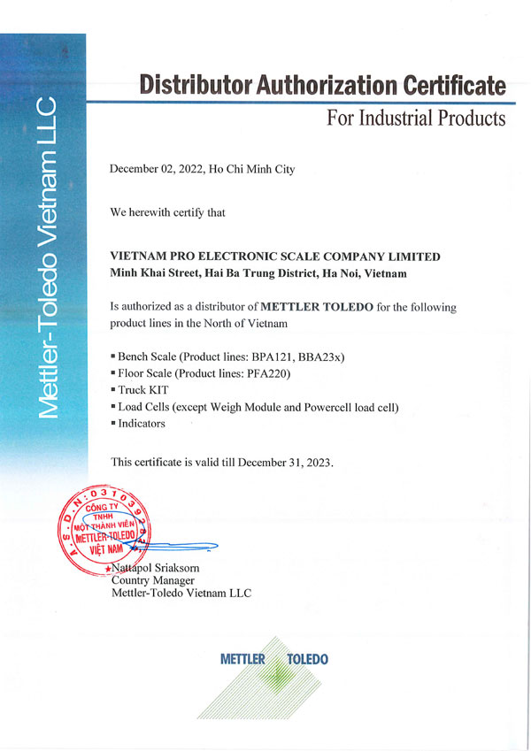 Mettler Toledo Authorized Distributor Certificate